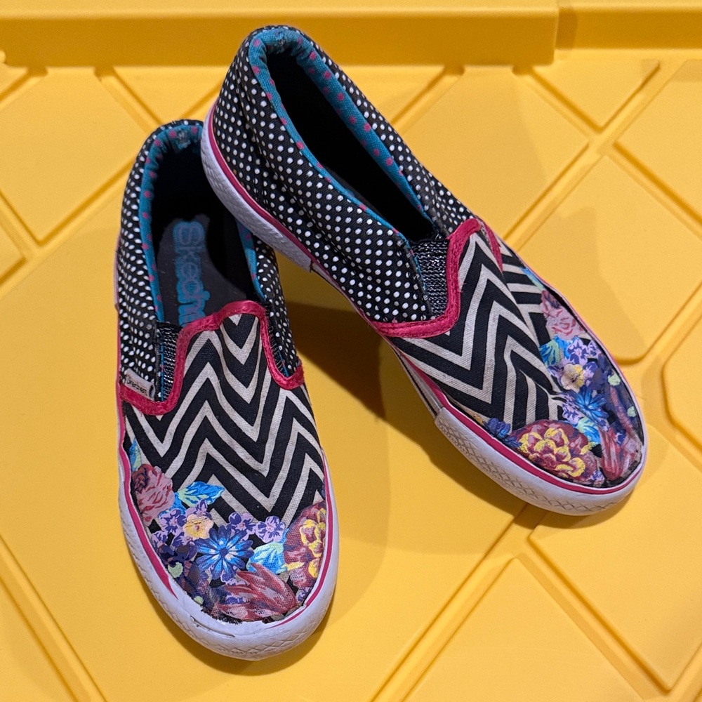 Skechers Kids Black & White Slip-On Sneakers with Floral Toe
